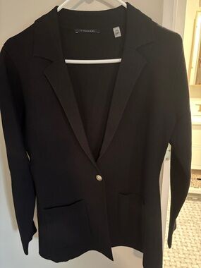 T Tahari Black Single-Button Knit Blazer with Patch Pockets